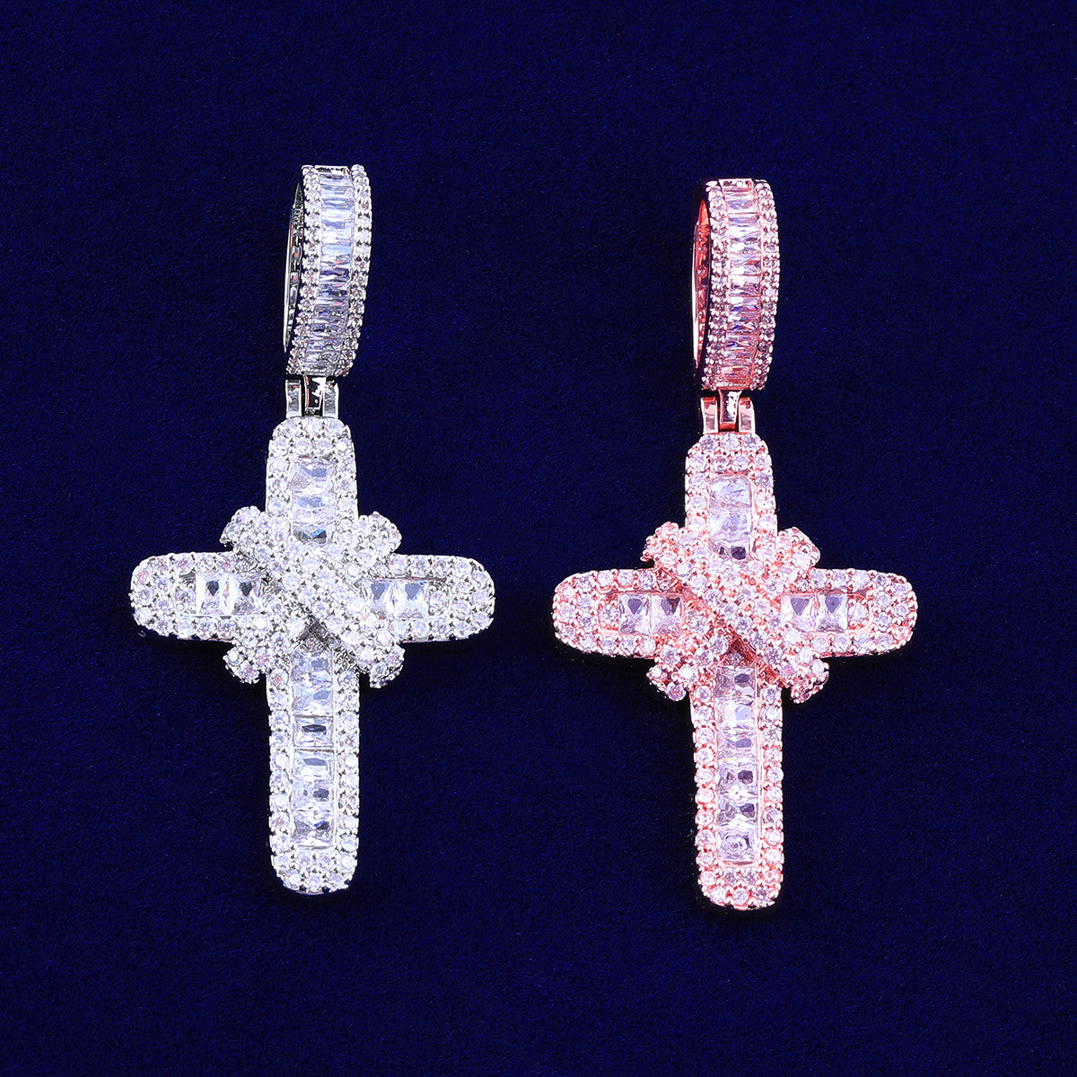 Ribbons of Ice | VVS Diamond CZ Baguette Cut Ribbon Cross Iced Blinged Out Pendant