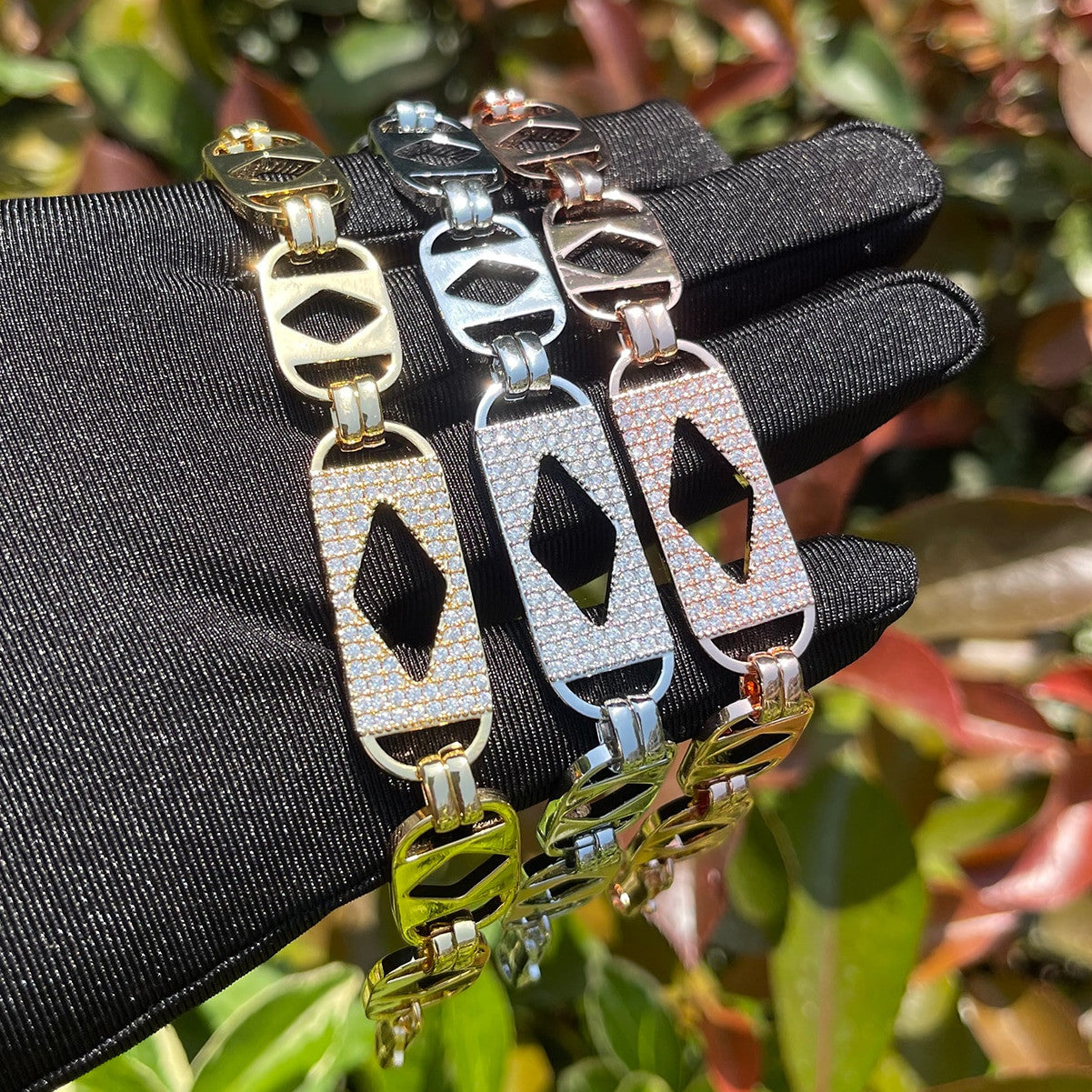 Mens Diamond Cut Rolo Link Flooded Ice Prong Set Bracelets