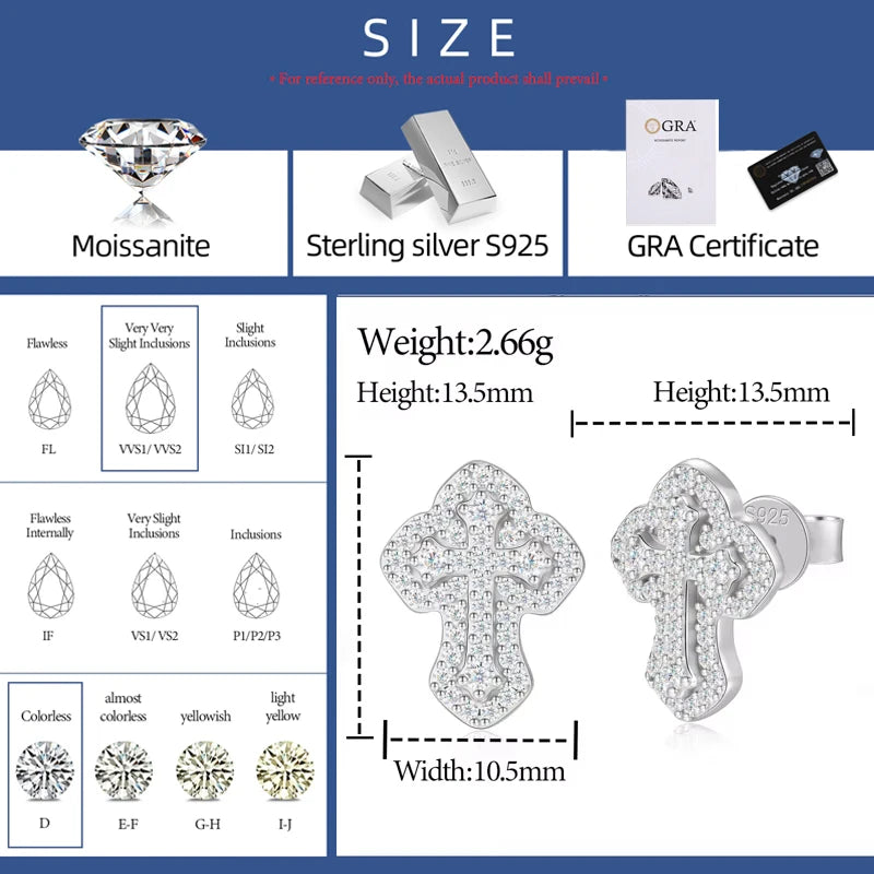 The Armor | High Quality D VVS Moissanite Iced Blinged Out 925 Sterling Silver Cross Earrings
