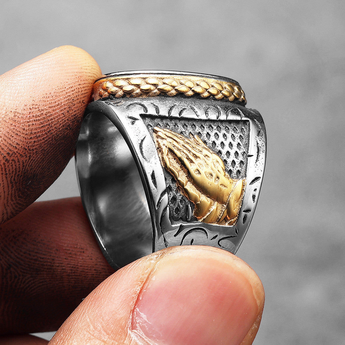 Praying Hands | 14k Gold over Solid Stainless Steel Cross Jesus Heart Men's Rings