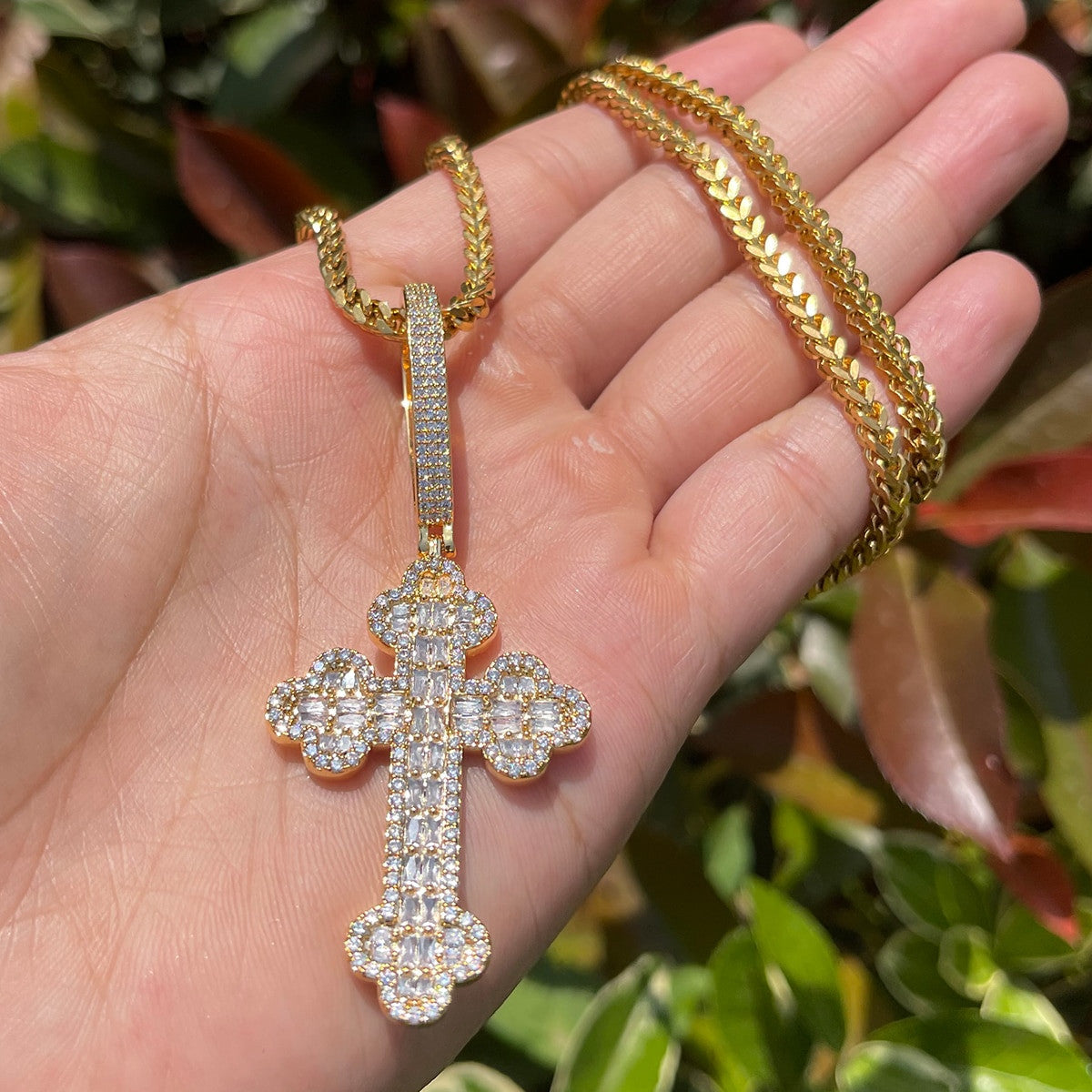 Mens Baguette Iced Blinged Out Clover Cut Hip Hop Cross Pendant Chain Necklace