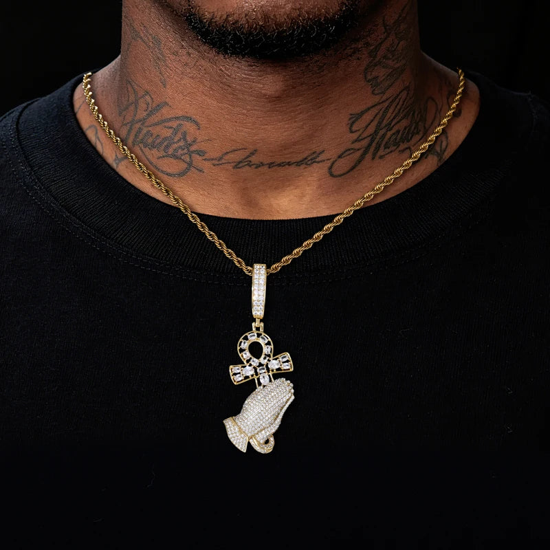 OG Praying Hands | Ancient African Moissanite Diamond Original Ankh Cross Prayer Hand Pendant