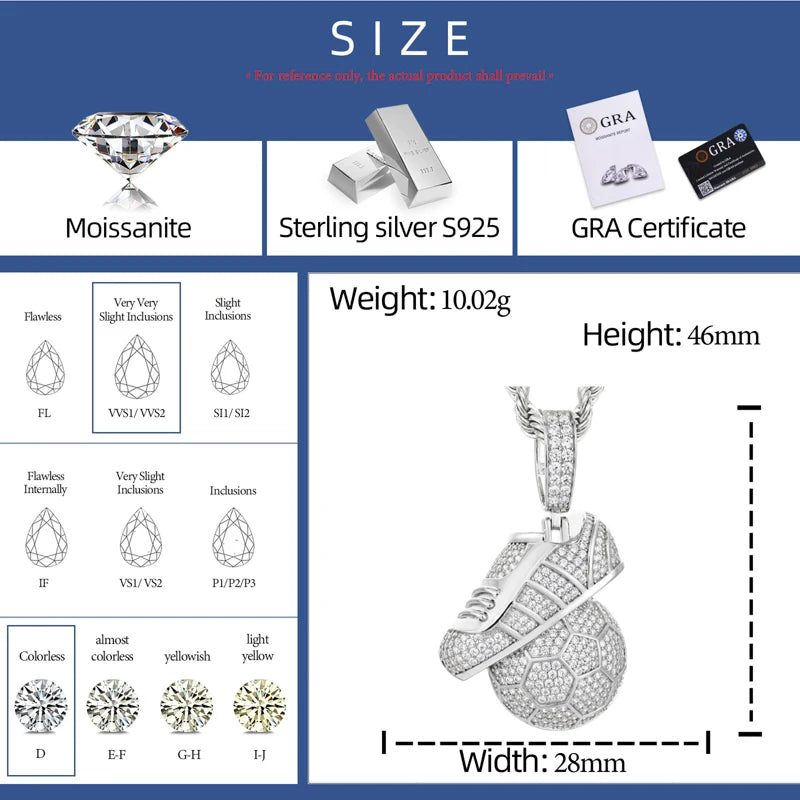 Foot Ball | 925 Sterling Silver Moissanite Football Soccer Ball Shoe Hip Hop Pendant