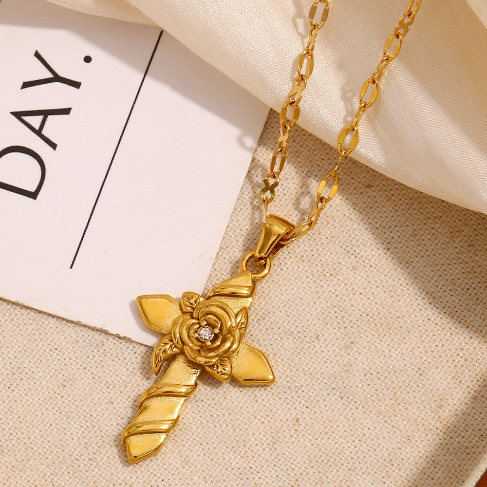 18k Gold Waterproof Rose Flower Bling Stainless Steel Hip Hop Cross Pendant Necklace