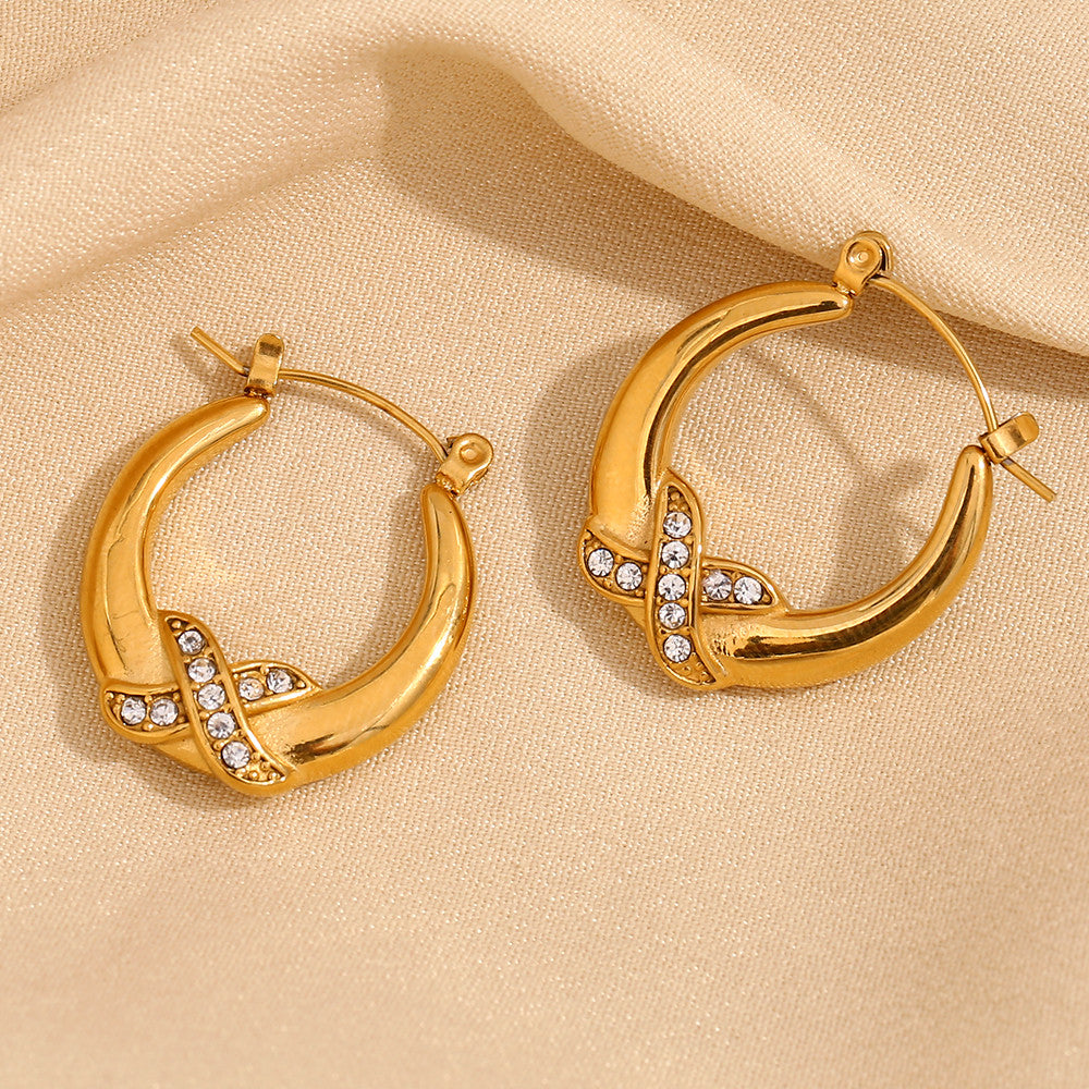18k Gold Stainless Steel Designer Luxury Crossing X Rhinestone Hoop Bling Earrings