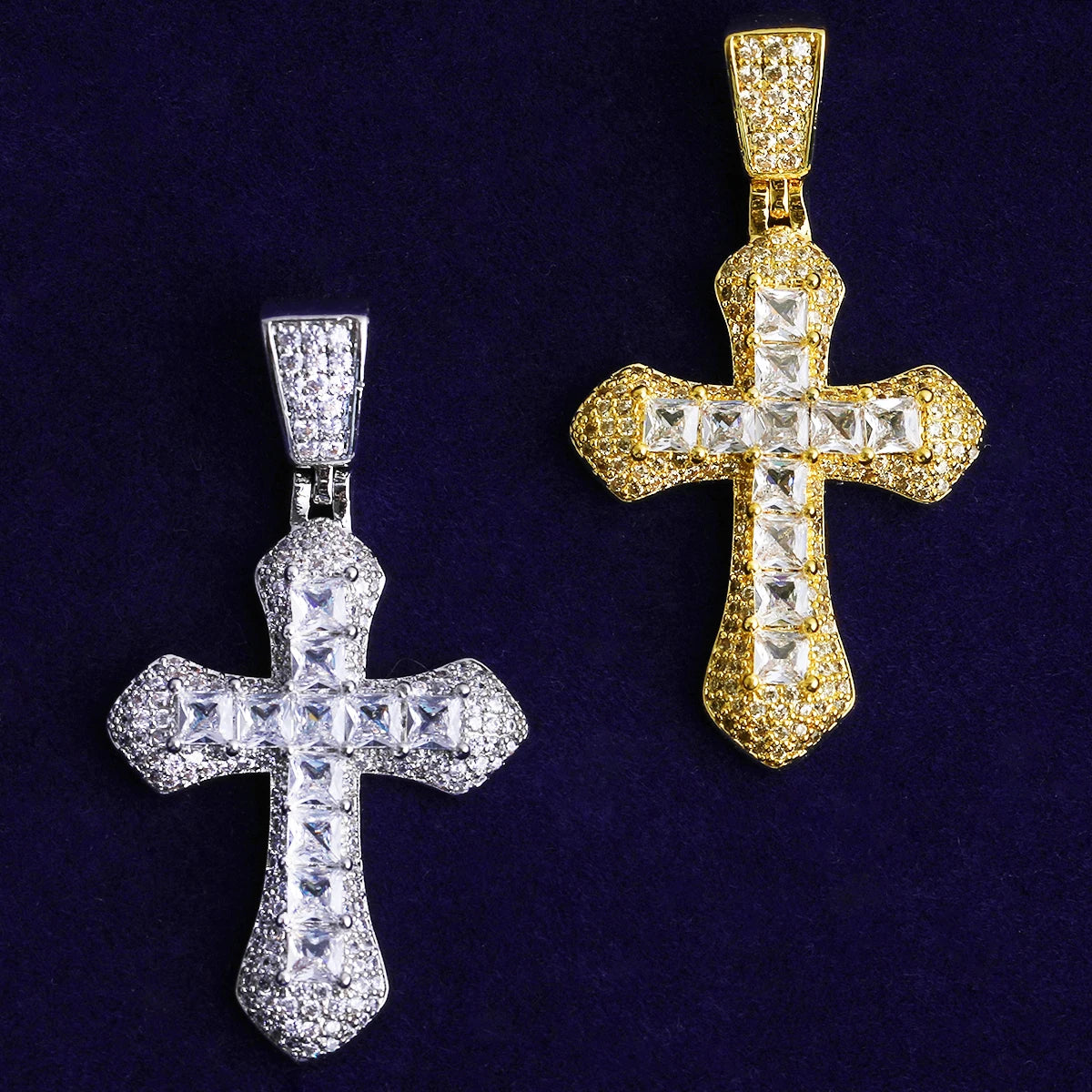 Fossil Cross | Iced Blinged Out Prong Set Princess Cut Stone Hip Hop Cross Pendant