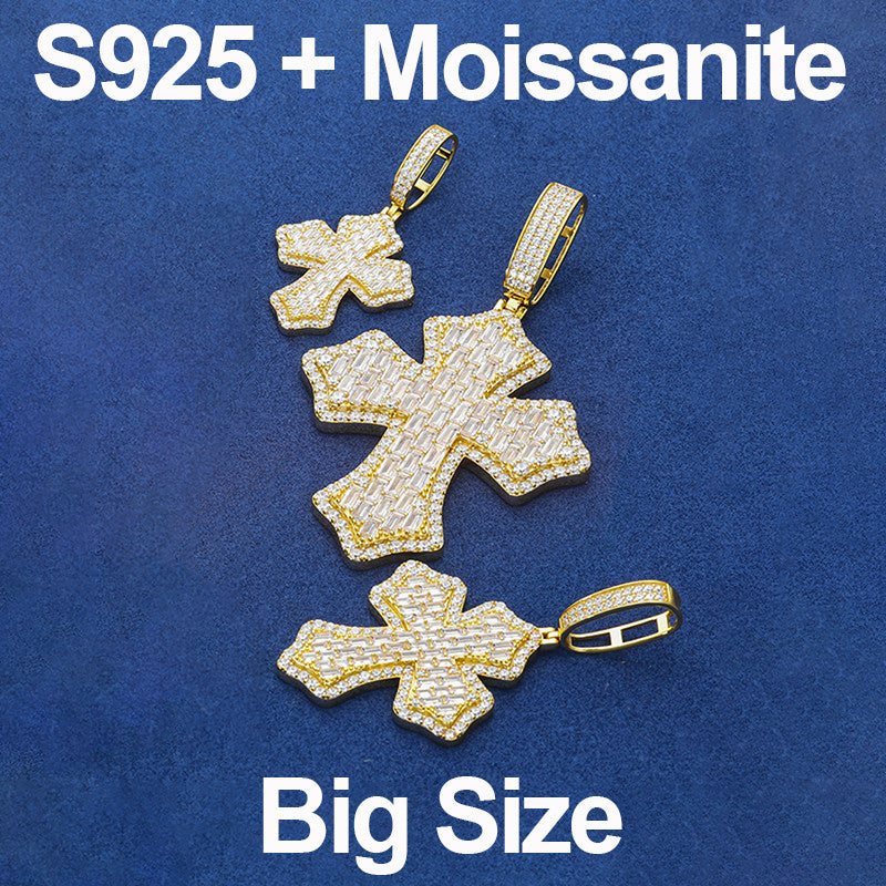 Cross Shield | Solid 925 Sterling Silver Moissanite Diamond Baguette Hip Hop Pendant