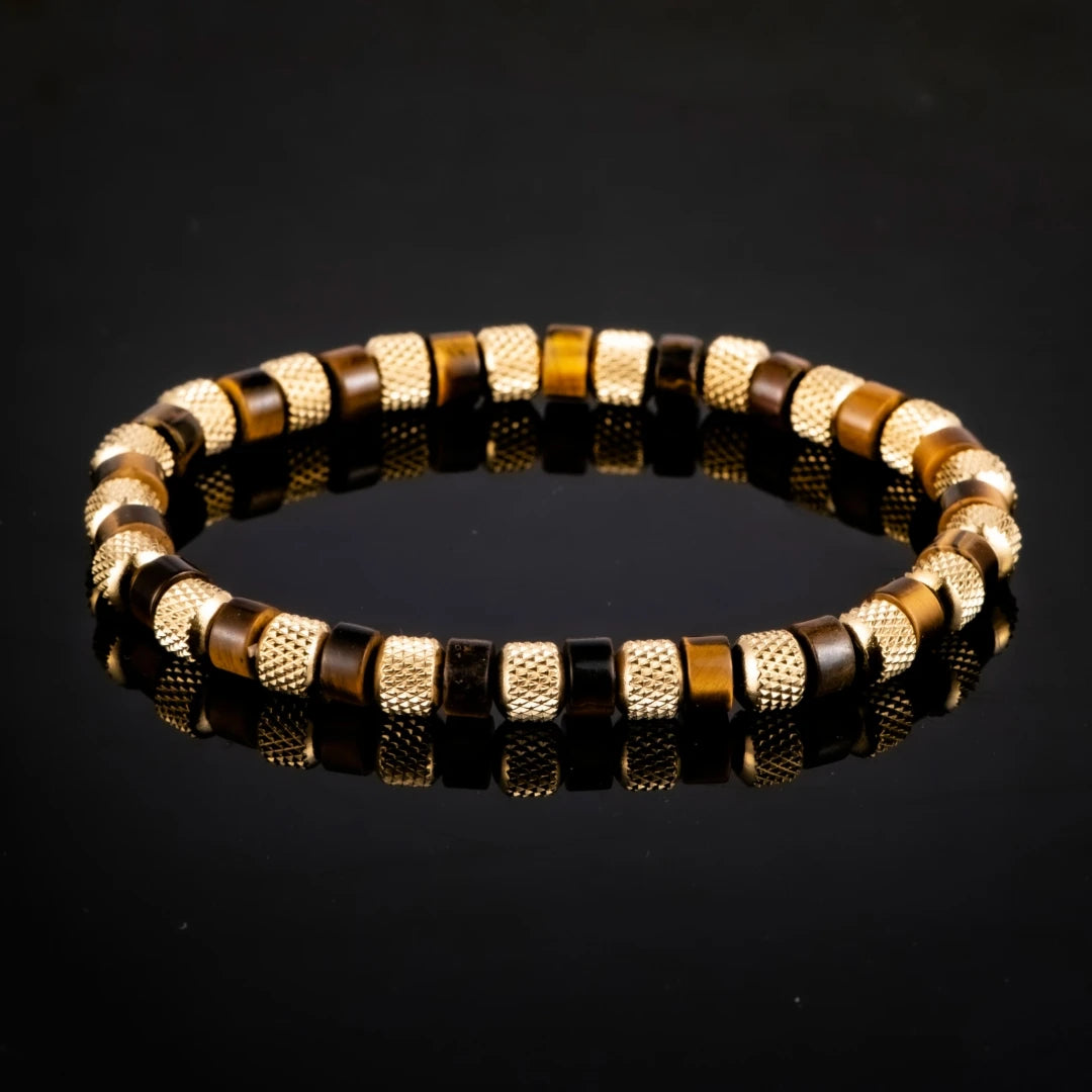 Natural Malachite | 18K Gold Over 304 Stainless Steel Mesh Beads Stone Elastic Stretch Bracelet