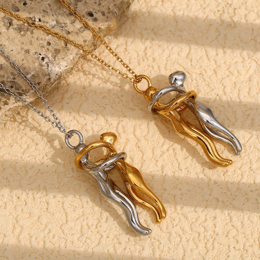 18k Gold Stainless Steel Waterproof Lovers Hugging Couple Silver Pendants Necklace