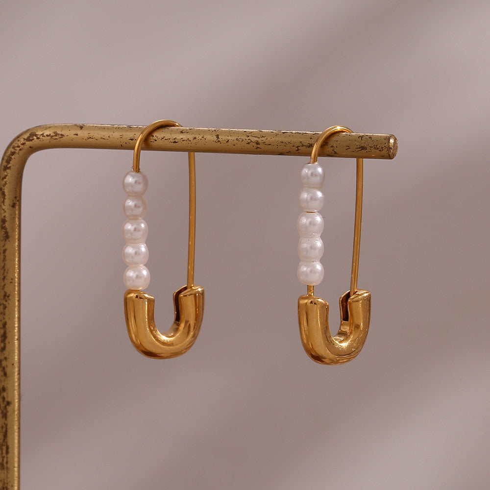 Women's 18k Gold Stainless Steel No Fade Safety Pin Pearl Earrings