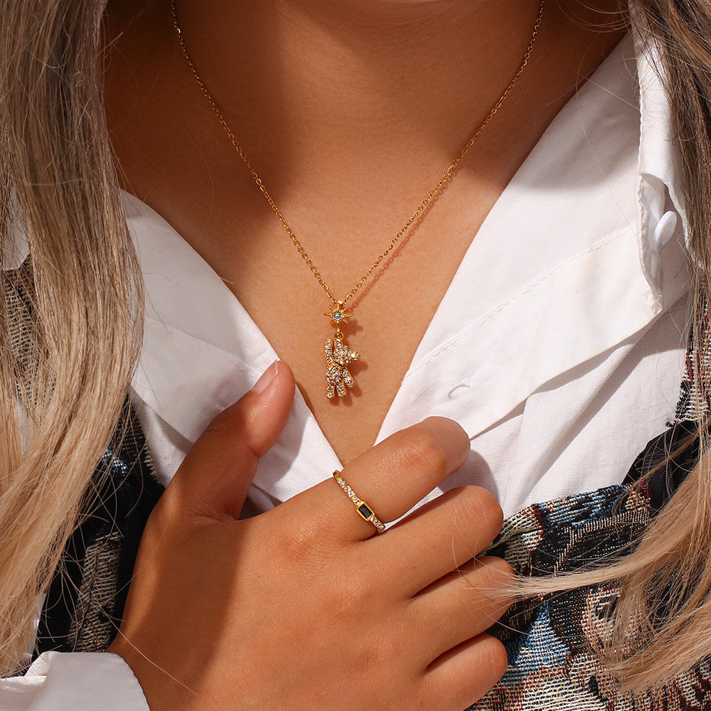 Ladies 18k Gold Rhinestone Teddy Bear Stainless Steel Waterproof Pendant Necklace