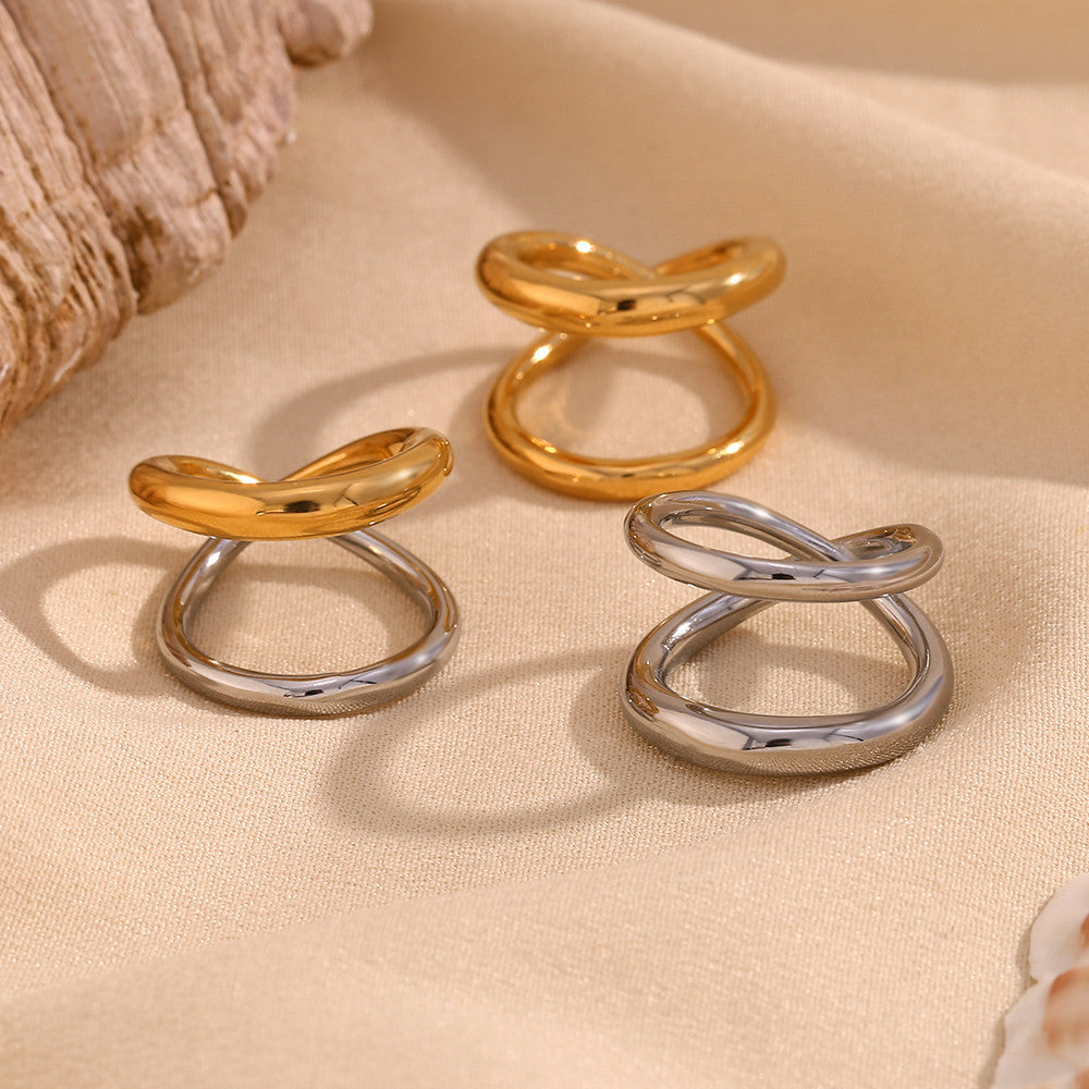 18k Gold Waterproof Stainless Steel Overlapping Double Color Stackable Rings