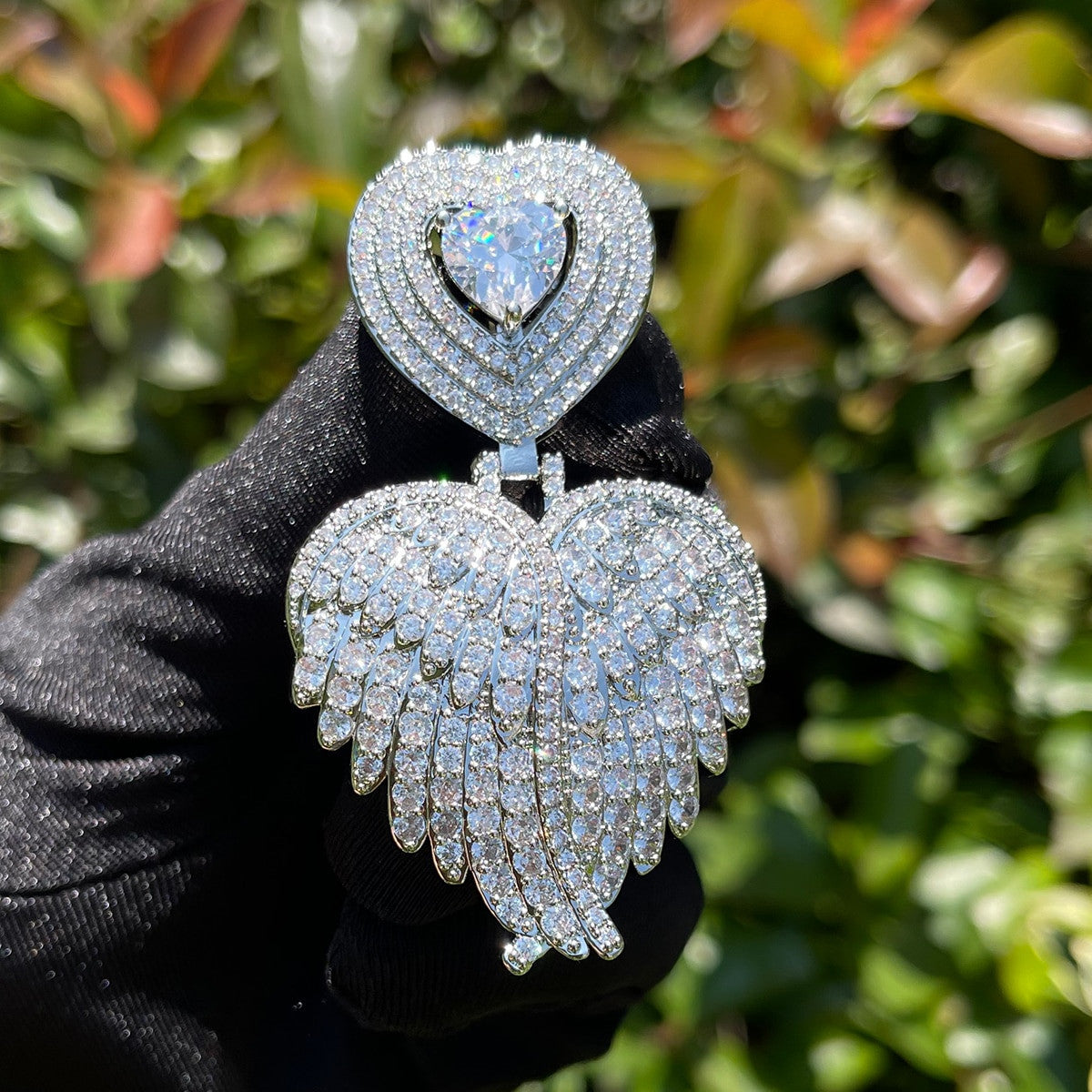 Ladies Center Stone Closed Angel Wings Heart Shape Pendant Necklace