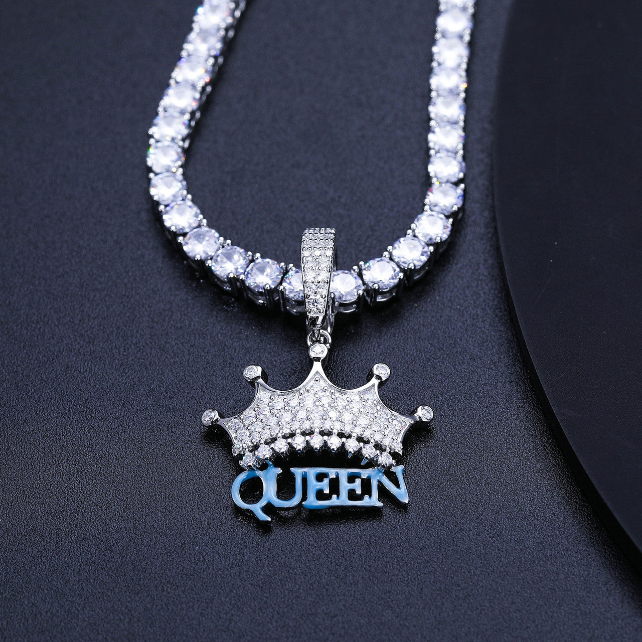 Genuine VVS Diamond Solid 925 Sterling Silver Queen Iced Hip Hop Necklace
