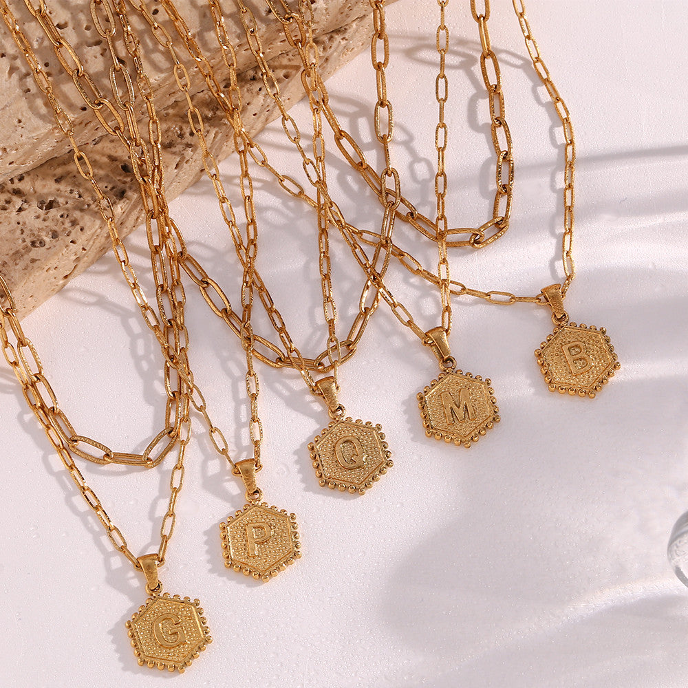 Ladies 18k Gold Hexagonal Shape A-Z Alphabet Letters Hip Hop Chain Pendant Necklaces