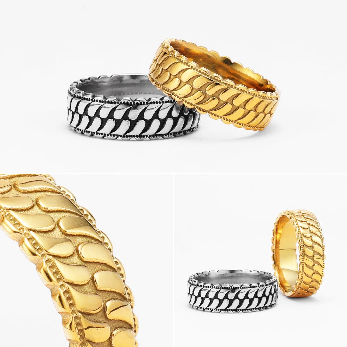 Tires | Men's 14k Gold Over Solid No Fade Stainless Steel Tire Tread Hip Hop Unique Rings