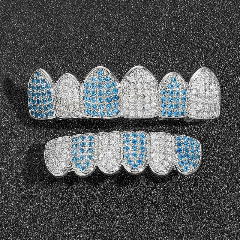 Blue Ice | VVS Diamond CZ Hip Hop Paved Iced Blinged Out Top Bottom Teeth Grillz Set
