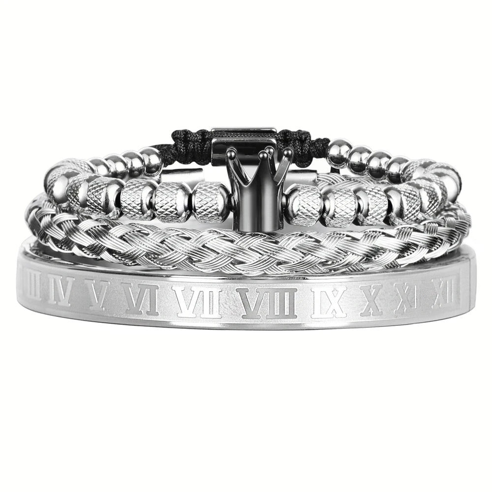 Smooth Luxury | Roman Numeral Kings Crown Stainless Steel 3 Piece Bracelet Set