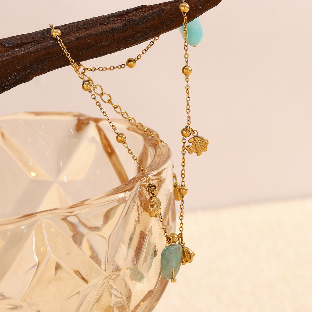 18k Gold Waterproof Cute Clown Fish Natural Amazonite Stone Anklets Ankle Bracelet