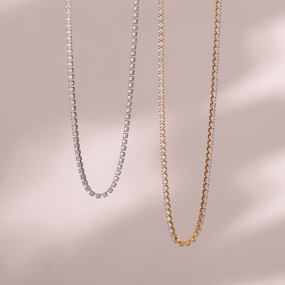 Ladies 18k Gold Silver Waterproof 2mm Zircon Chain Necklace Bracelet Jewelry Set