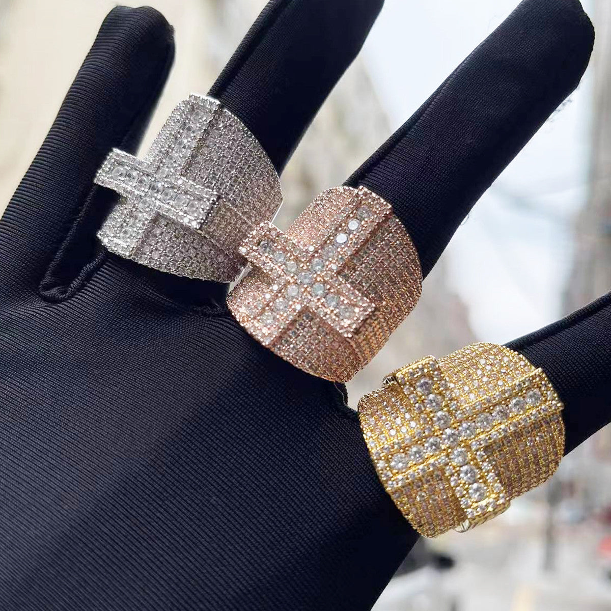 Flooded Ice Big Boy Street Wear Fashion Hip Hop Cross Micro Pave Blinged Out Rings