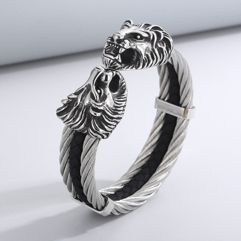 Lionheart | Triple Twisted Cable Lion Head Bangle Bracelet
