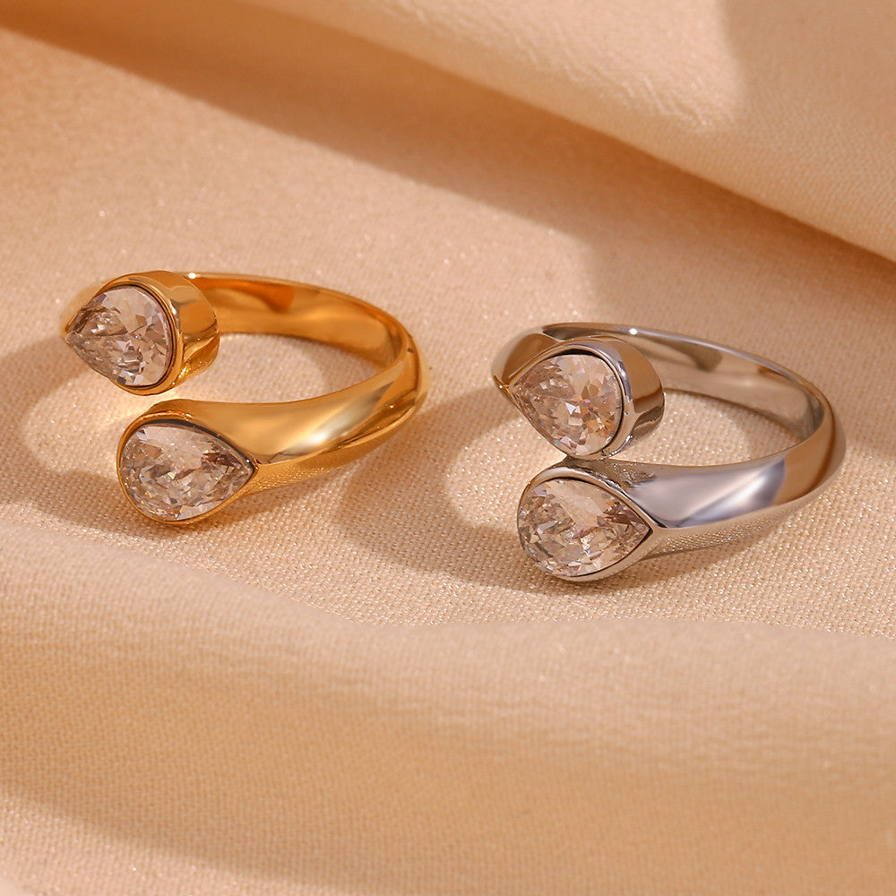 Womens Double Tear Drop CZ Bling Adjustable Waterproof Stainless Steel Rings