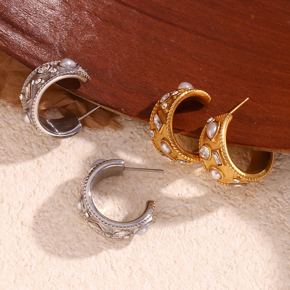 18k Gold Stainless Steel CZ C-shaped Hoop Pearl Waterproof Earrings