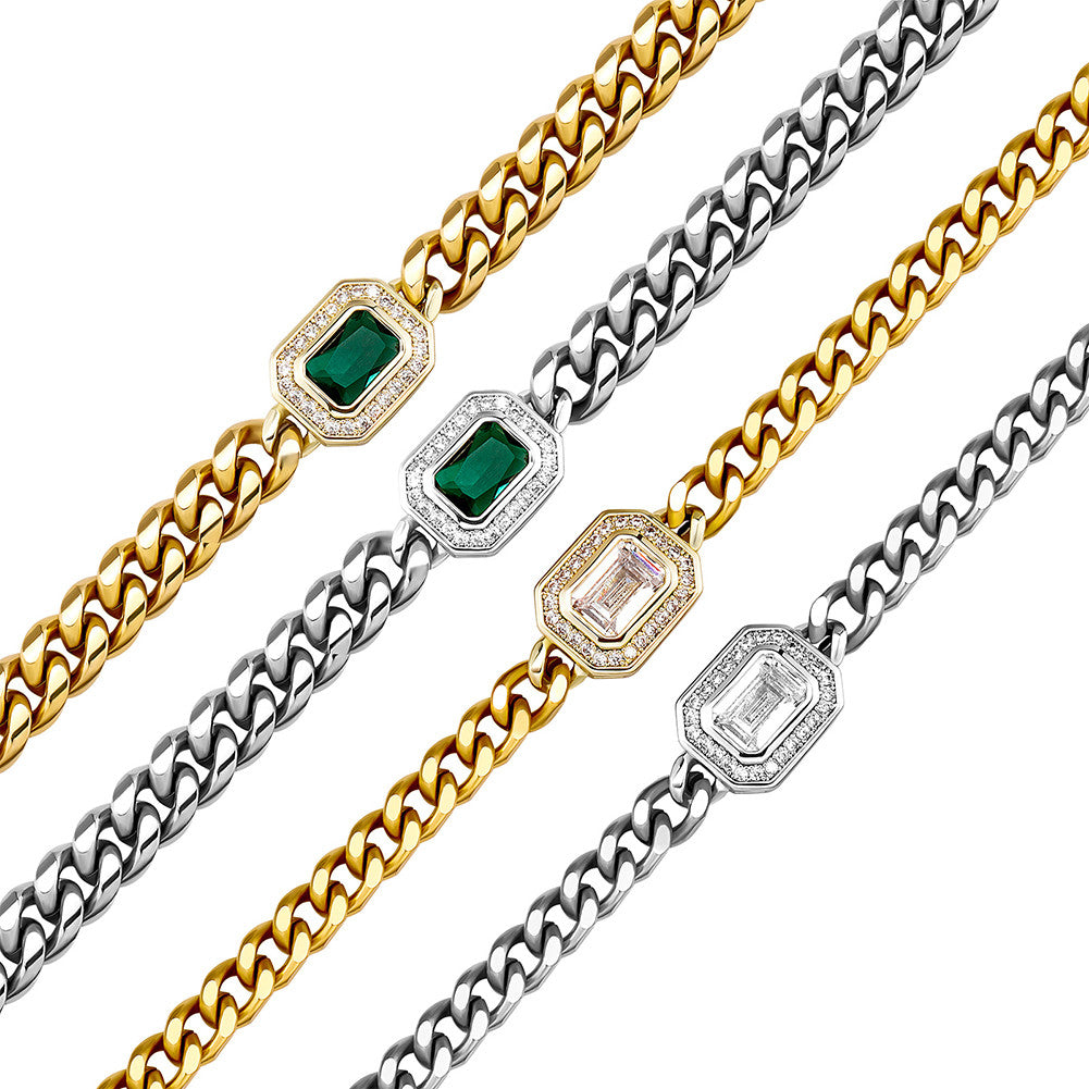 Steel & Stone | 3mm Solid Stainless Steel Cuban Link Gemstone Hip Hop Pendant Bracelet Set
