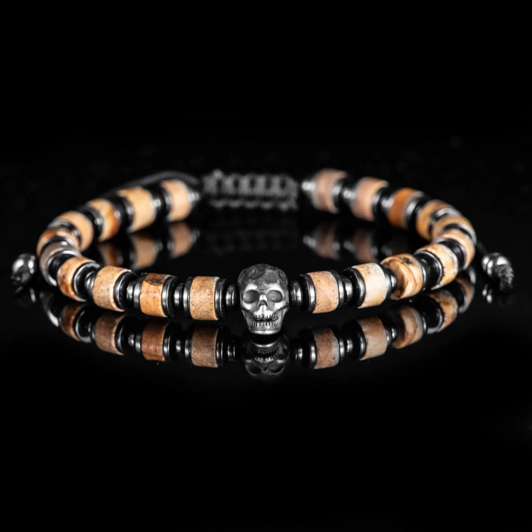 Secret Society II | Men's Natural Stone Beaded No Fade Stainless Steel Skull Bracelet