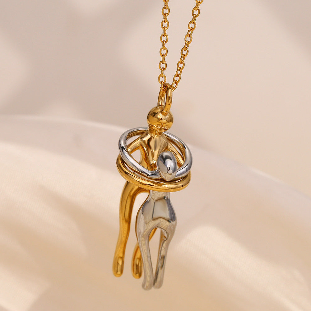 18k Gold Stainless Steel Waterproof Lovers Hugging Couple Silver Pendants Necklace