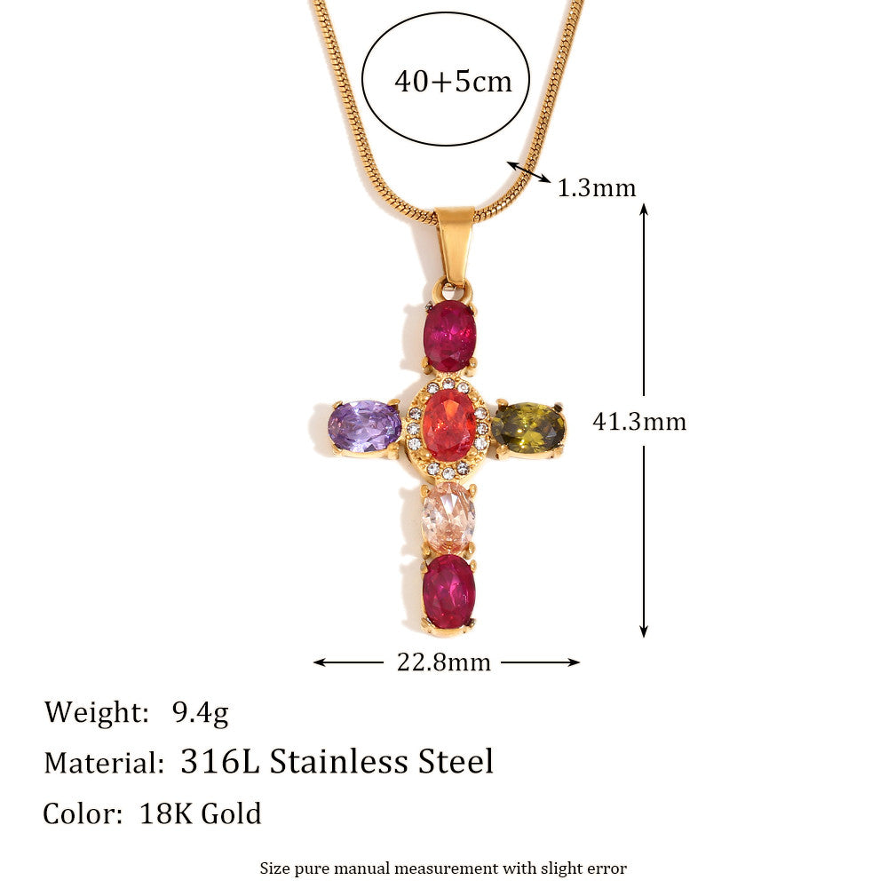 18k Gold Stainless Steel Luxury Colored CZ Cross Pendant Bling No Tarnish Women's Necklace
