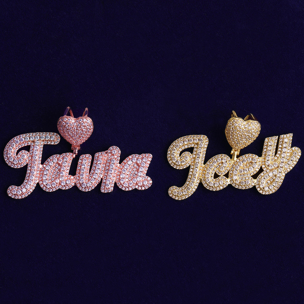 Heart Bail | VVS Diamond CZ Cluster Stone 24k 925 Silver Rose Gold Script Name Plate Pendant