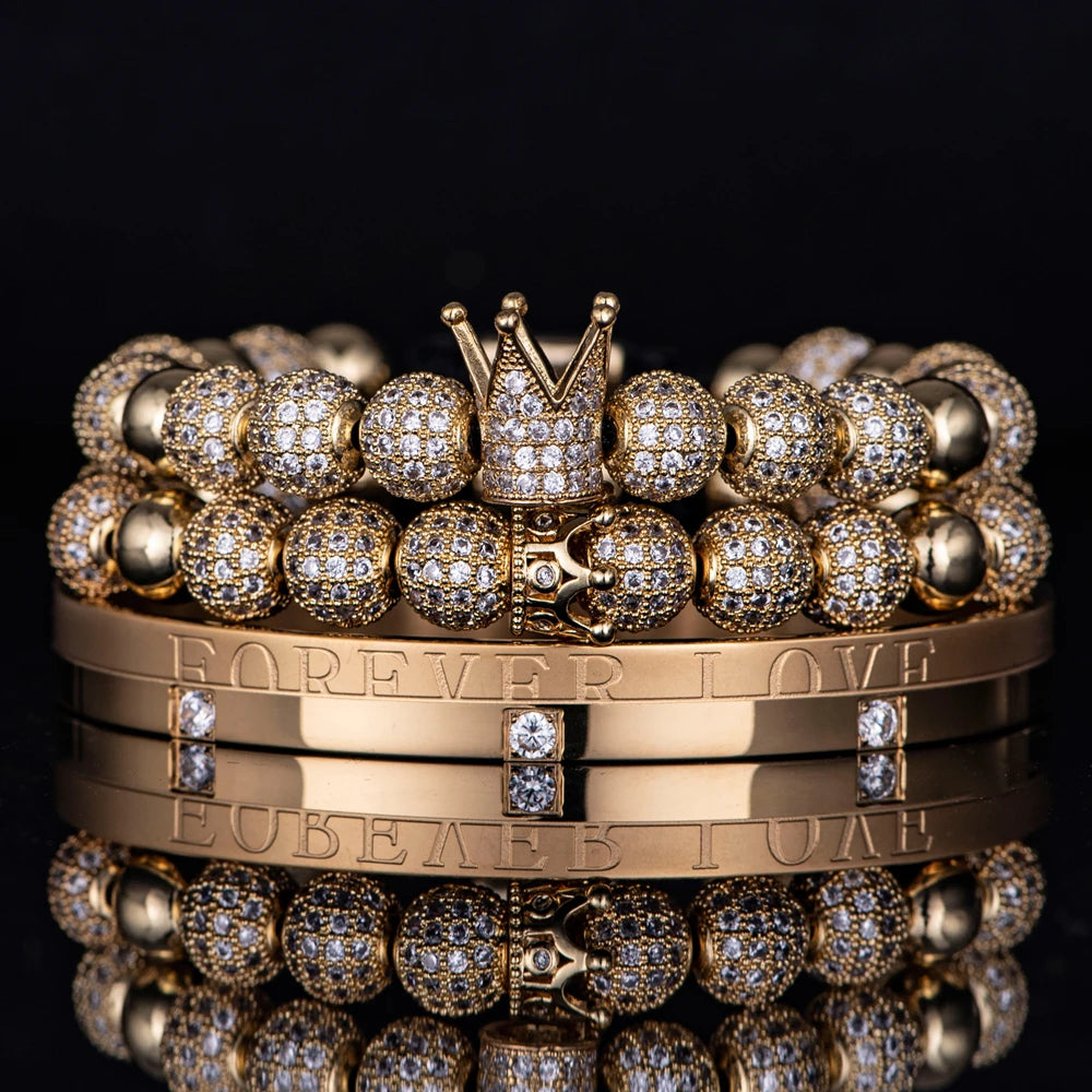 Self Love | 3 Piece VVS Diamond CZ Forever Love Iced Blinged Out Kings Crown Bracelet Set