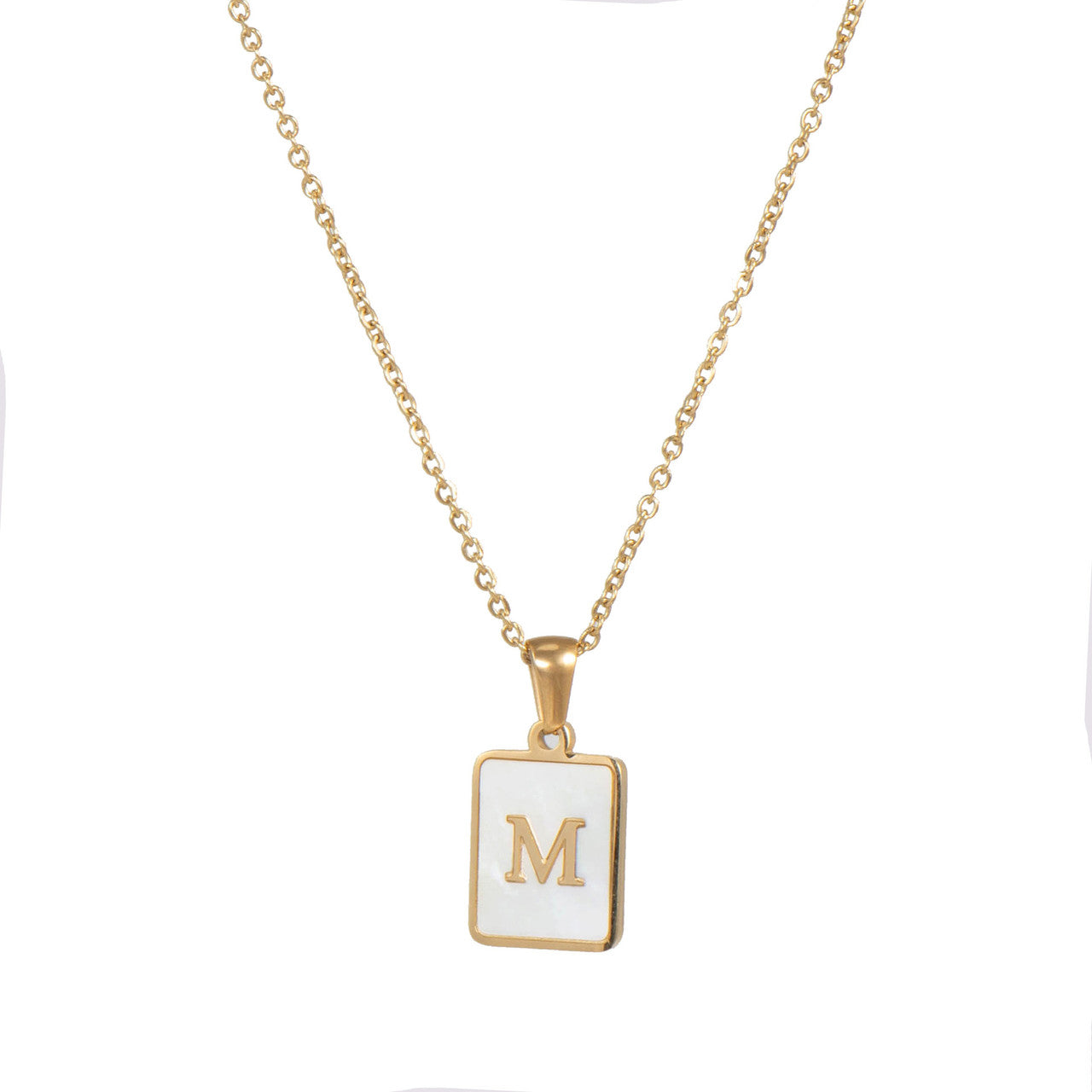 18k Gold Over Stainless Steel Mother of Pearl Shell Tarnish Free Initial Necklace