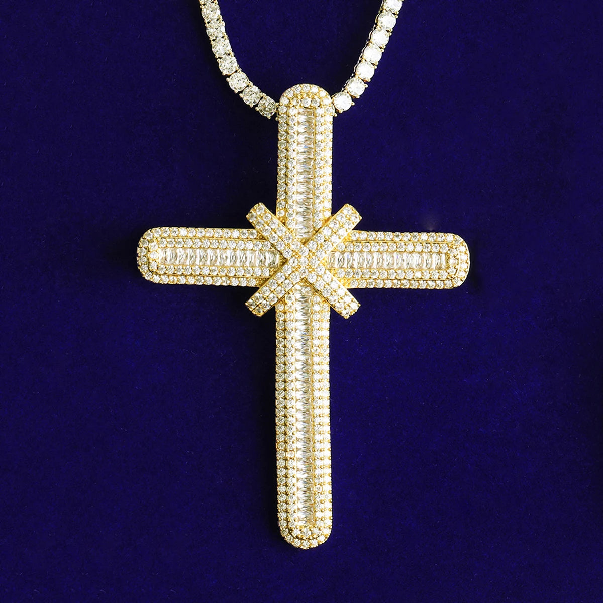 The Ribbon Cross | Iced Blinged Out Baguette VVS Diamond CZ Pendant