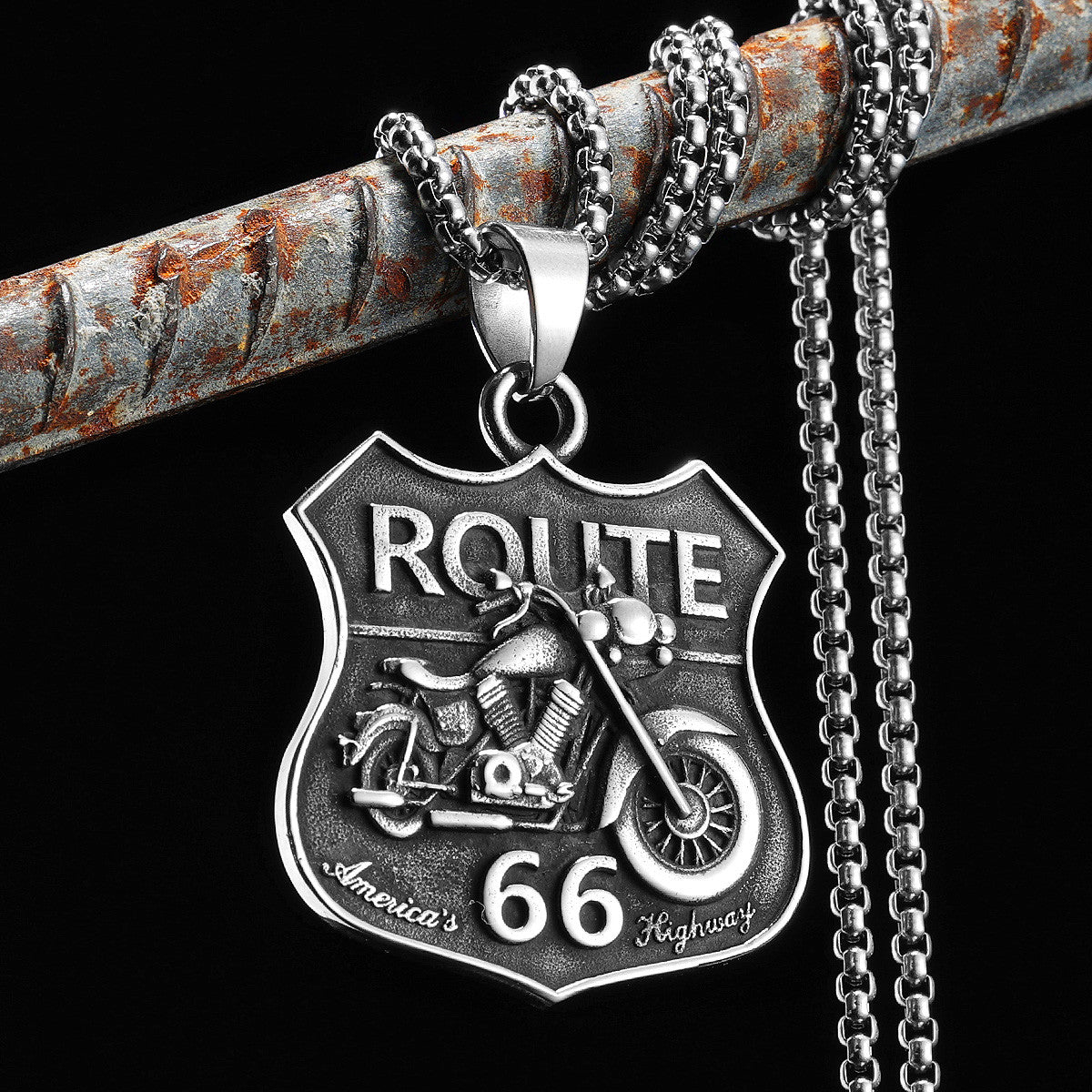 Route 66 | 316L Solid Stainless Steel Motorcycle Rider Americas Highway Street Style Pendant