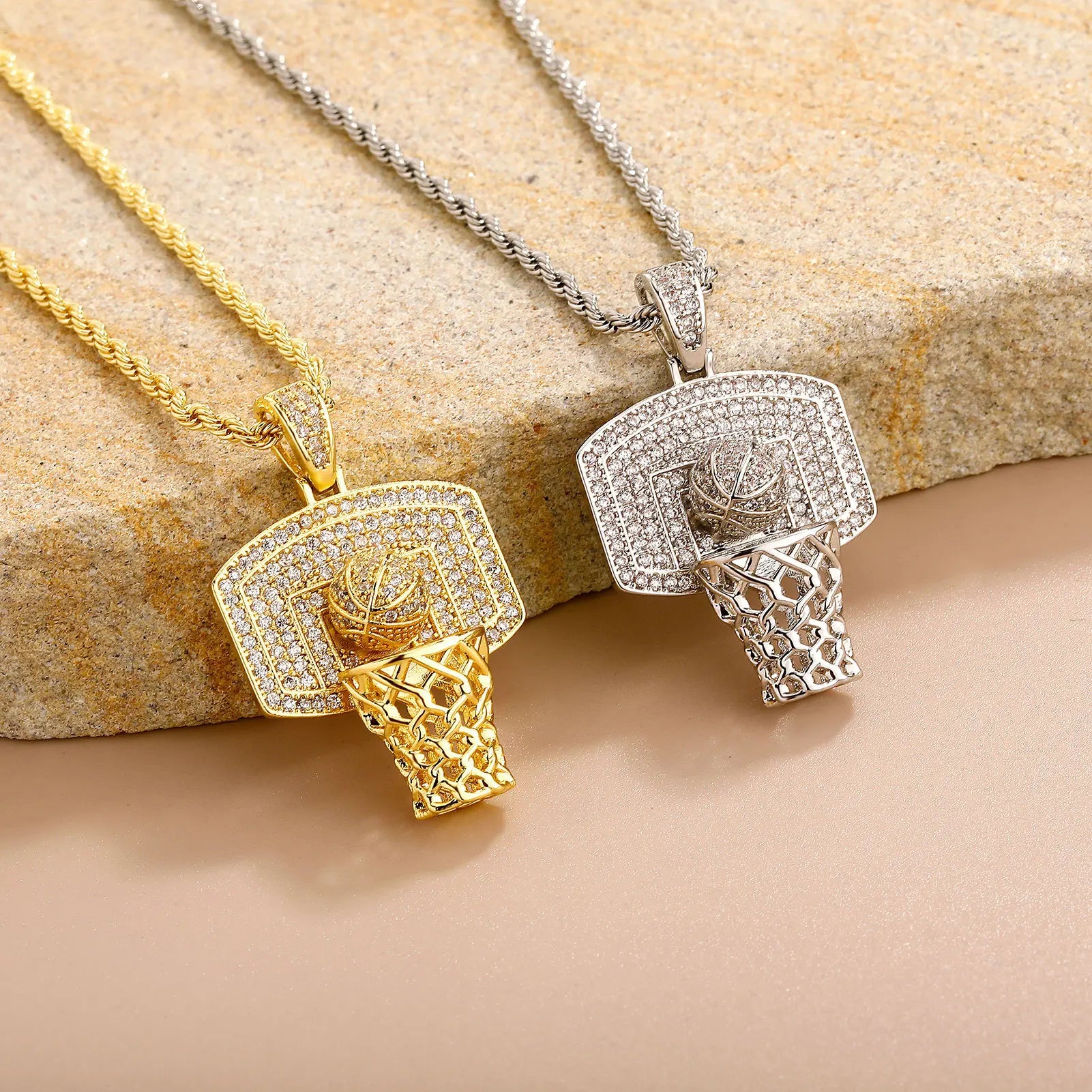 Iced Full Micro Pave Basketball Hoop Backboard Nets Hip Hop Pendant Chain Necklace