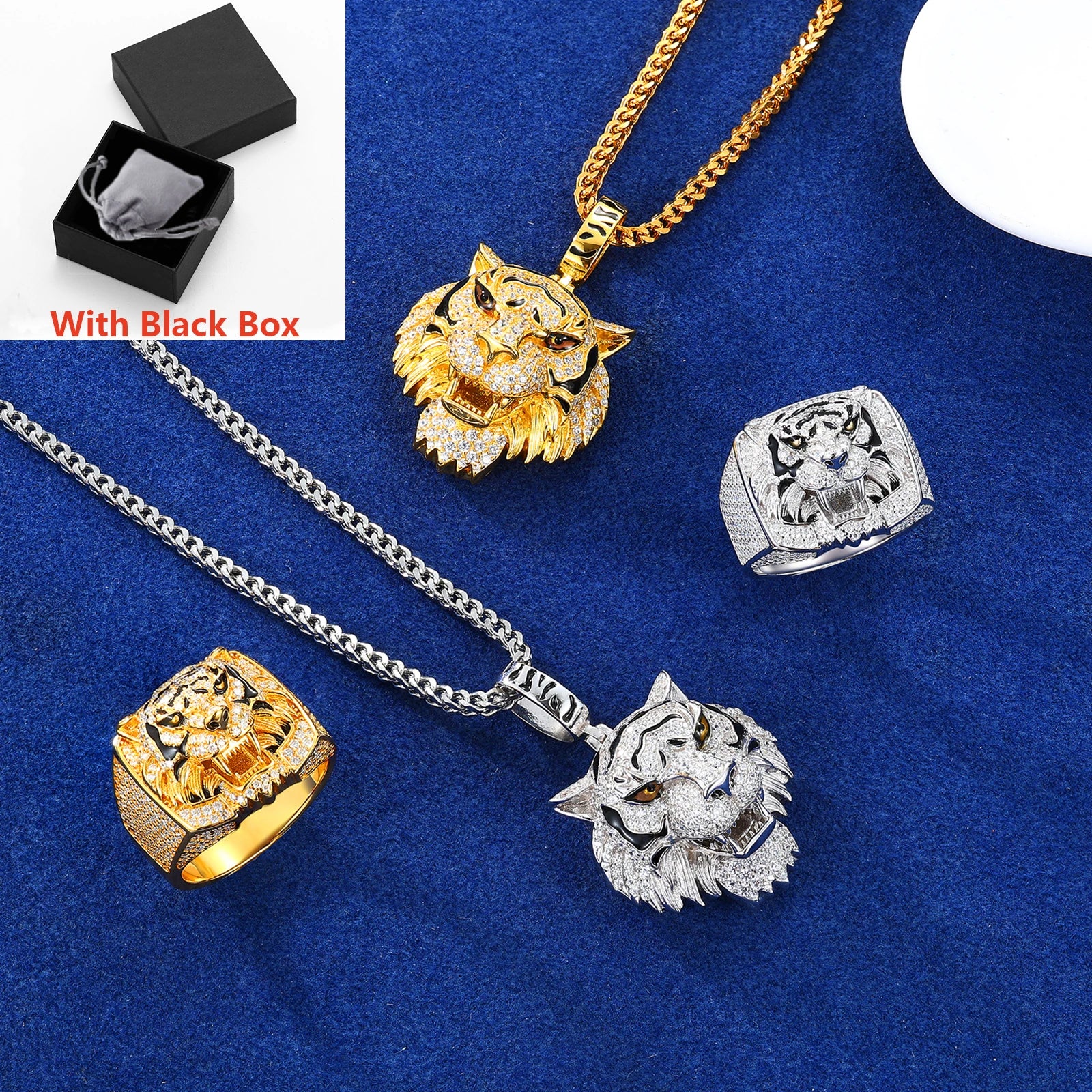 Tiger Pride Collection | 925 Sterling Silver Moissanite Diamond Tiger Pendant Ring Jewelry Set