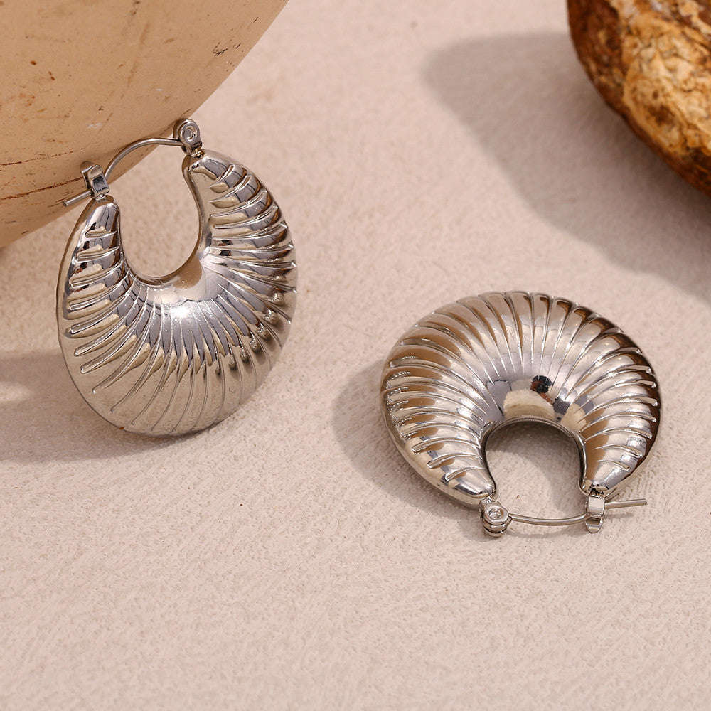 18k Gold Solid Stainless Steel Sheep Horn Striped Hoop Waterproof Earrings