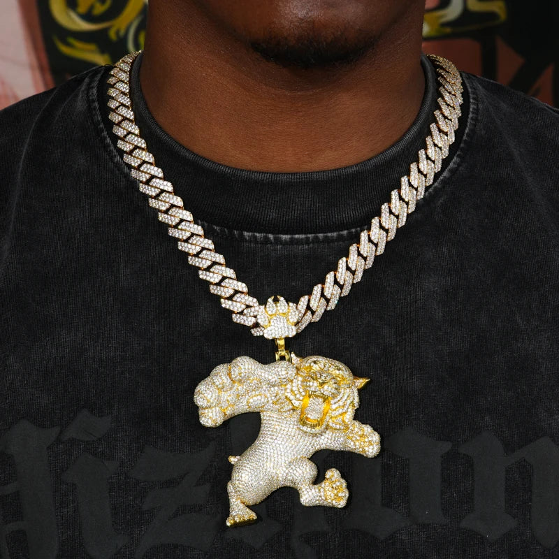 Fighting Tigers | VVS Moissanite Diamond Iced Blinged Out Solid Silver Tiger Pendant
