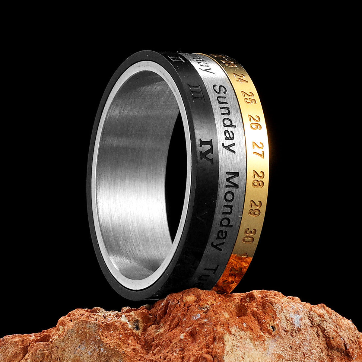 Calendar | Month Date Year 14k Gold Black Over Solid Stainless Steel Rotating Men's Rings