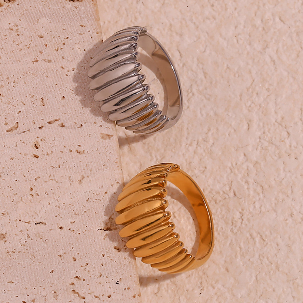 18k Gold Stainless Steel Fine Polished Textured Wide Dome Waterproof Rings For Women