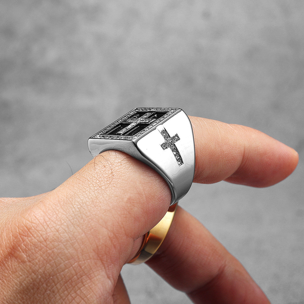 Iced Cross | 14k Gold over No Fade Stainless Steel Hip Hop Cross Blinged Out Rings