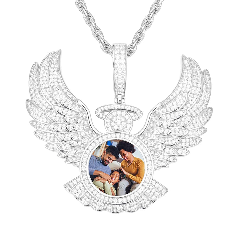 Angel Of Protection | 925 Moissanite Diamond Angel Wings Protection Custom Photo Pendant