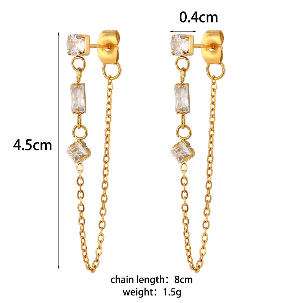 Ladies 18k Bling Micro Paved Rectangle Square Round CZ Stainless Steel Chain Drop Earring