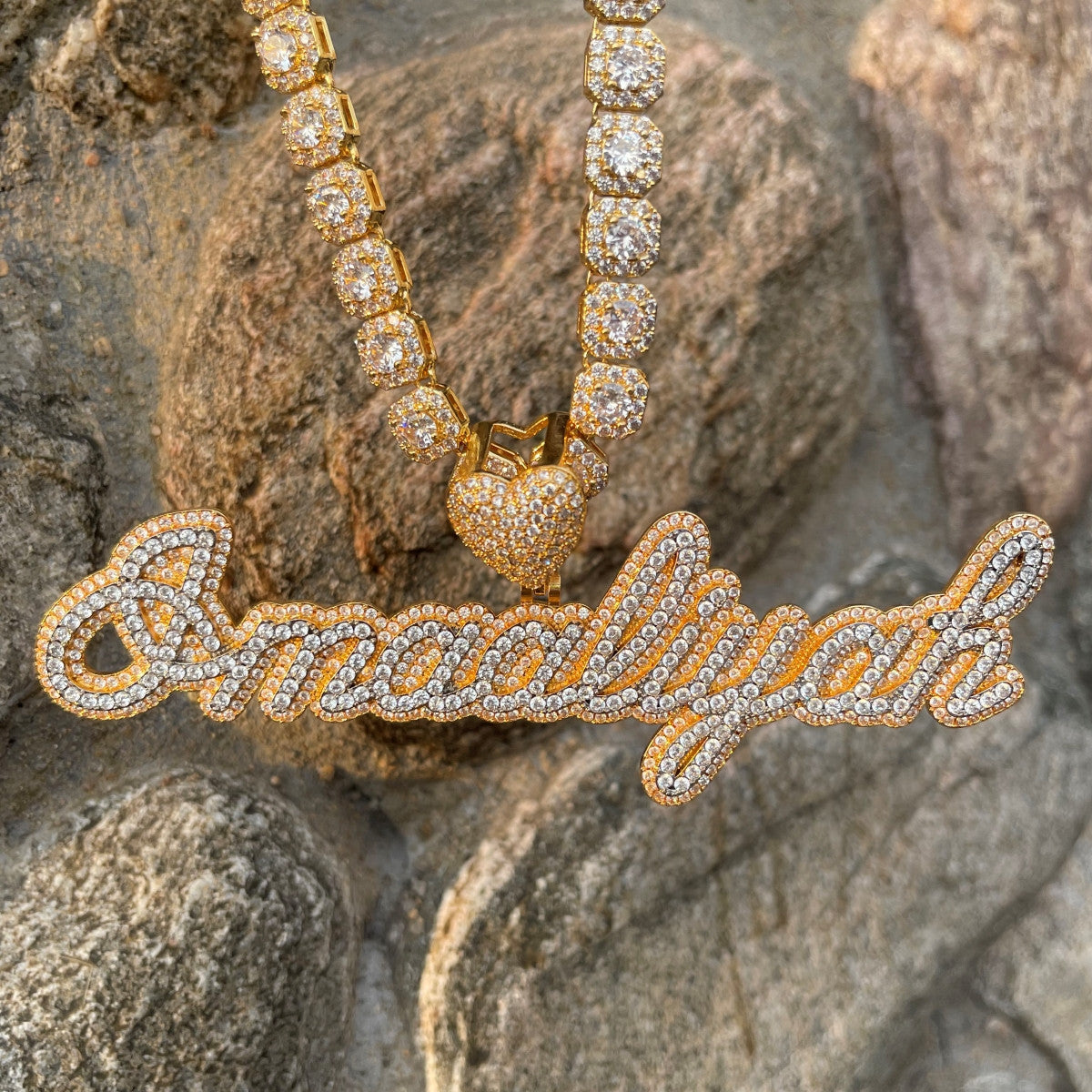 Heartfelt Elegance | Cursive letter Custer Stone Nameplate Custom Made Necklace