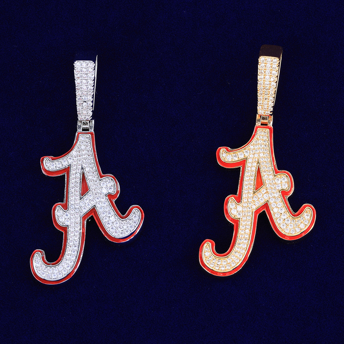 Initial A | Red Oil VVS Diamond CZ Hip Hop Cursive A Prong Set Stone Pendant