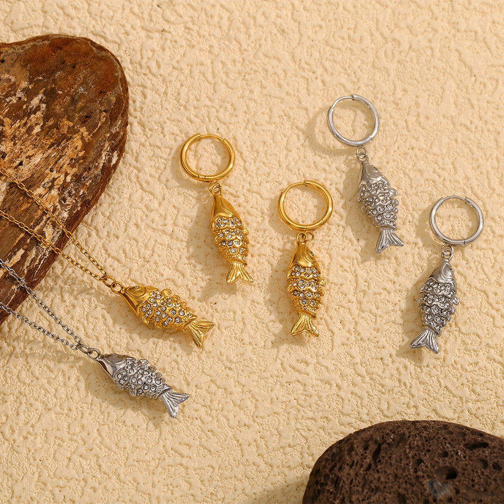 18k Gold Stainless Steel Rhinestone Koi Fish Waterproof Necklace Earring Jewelry Set