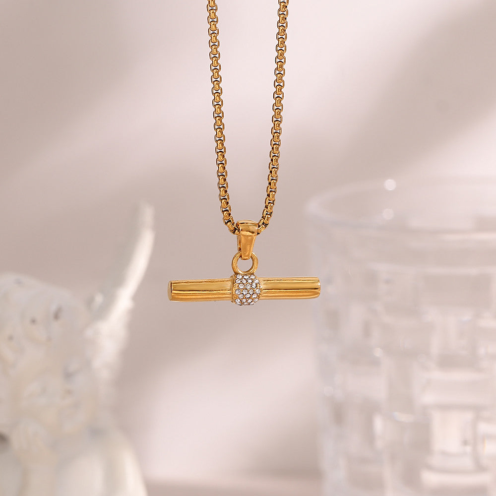 Stainless Steel Green CZ T Bar Pendant Square Pearl 18k Gold Hip Hop Chain Necklace